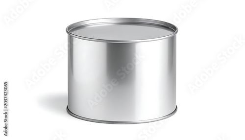Isolated silver metal tin can with seamless lid and crimped edge on a white background, product packaging concept