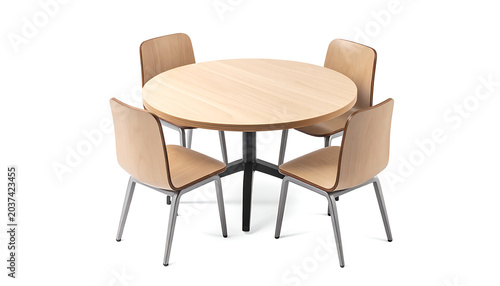 Isolated modern round wooden table with four chairs, clean lines and minimalist design, perfect for office or dining spaces