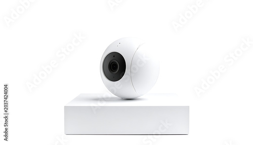 Isolated modern white security camera with black lens on white pedestal, surveillance technology