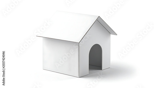 Isolated simple white cardboard dog house with arched doorway on a clean surface, representing shelter and home.
