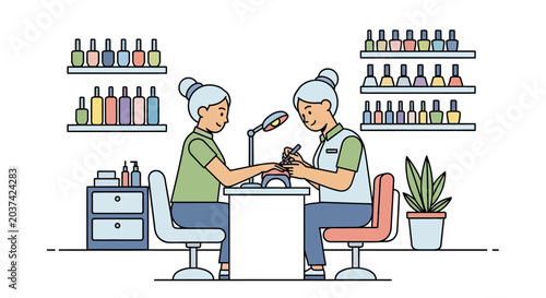 Woman receiving professional manicure service at salon.
