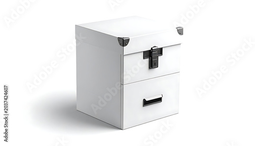 Isolated modern white storage chest with metal hardware and drawer, travel trunk style on white background