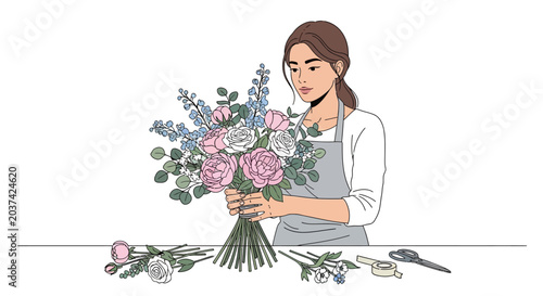 Woman florist arranging beautiful bouquet of flowers with care.