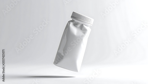 Isolated small white blank cosmetic or medicine bottle with textured cap, levitating in studio light, product mockup for design