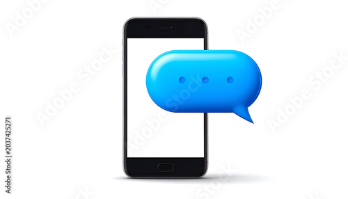 Isolated smartphone with a blue chat bubble message icon, communication and connection concept