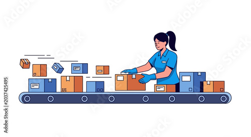 Woman working on a conveyor belt with boxes.