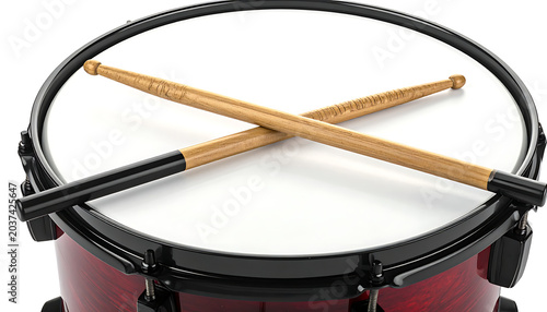 Isolated snare drum with crossed wooden drumsticks on white background, musical instrument close-up