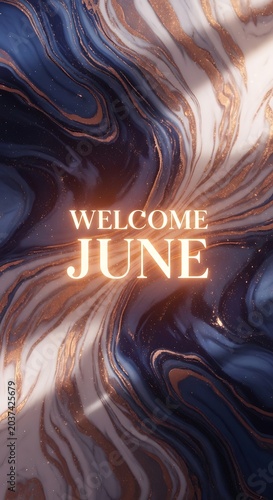 Abstract swirling purple and white textured background with June greeting.