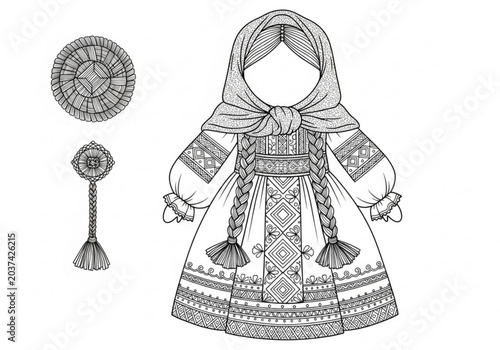 Obraz na płótnie Russian Folk Doll Traditional Costume Braid Embroidery Pattern Detailed Line Art