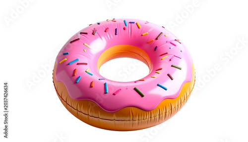 Isolated pink frosted donut with colorful sprinkles, cutout on white background, sweet pastry, delicious snack, bakery treat