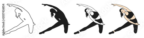 Foto A woman performs a yoga stretch in several illustrated styles, ranging from outline to full color