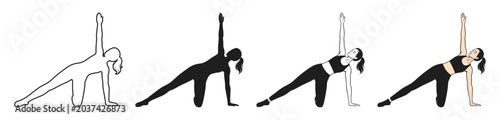 Valokuva Woman performing a side plank yoga pose illustrated in four different styles, including outline, silhouette, and colored versions