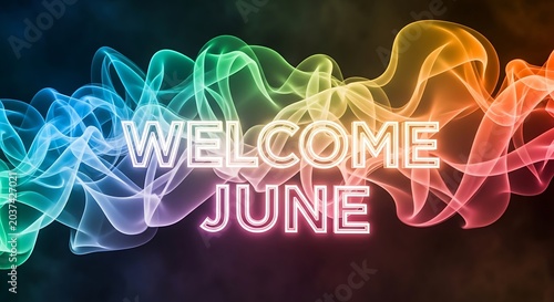 Vibrant neon welcome sign for June celebration with floral design.
