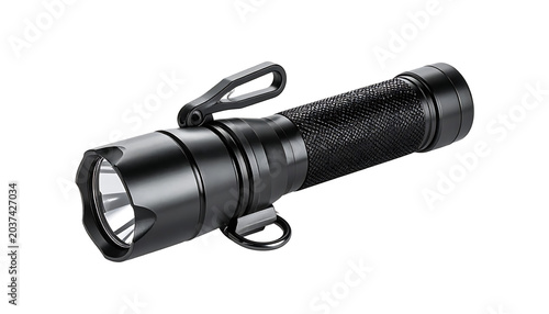 Isolated tactical flashlight with textured grip, focused beam, and durable metal casing, offering portable illumination and safety