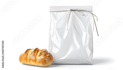 Isolated shiny white plastic packaging bag tied with twine next to a golden brown bread roll, bakery product mockup