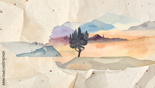 Isolated silhouette tree against watercolor landscape and textured paper background, peaceful natural scene