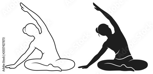 Schilderij op canvas Woman seated in a yoga stretch with both outlined and solid silhouette forms