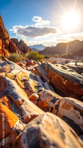 A rocky landscape with vibrant orange and gray hues