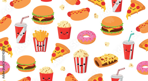 Cute Fast Food Party Seamless Vector Pattern Background Design Illustration