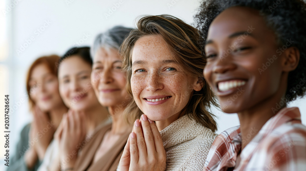 Fototapeta premium A diverse group of women touch their faces gently while standing against a bright white studio background soft diffused light minimal makeup natural skin texture visible calm