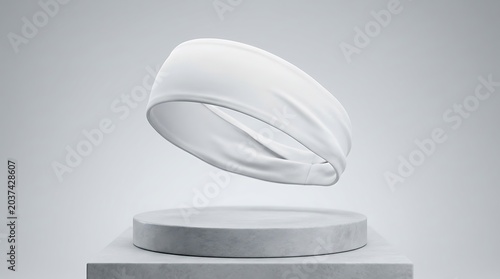 Blank white headband mockup floating above a concrete pedestal for athletic apparel branding and sportswear promotion