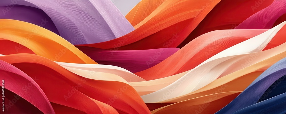 Fototapeta premium Vibrant colorful flowing ribbons abstract background with layered sweeping waves and textured brushstrokes