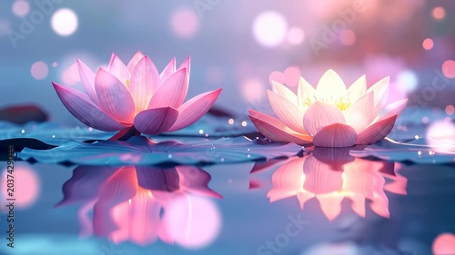 Beautiful Pink Lotus Flowers Floating on Calm Water with Sparkling Light Effects.