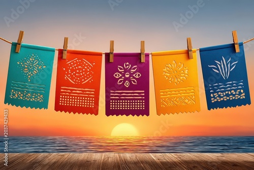 Colorful papel picado banners hanging at sunset over the ocean for festive celebration