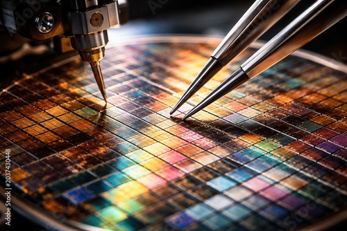 Microchip wafer inspection with precision probes showcasing semiconductor manufacturing and advanced technology