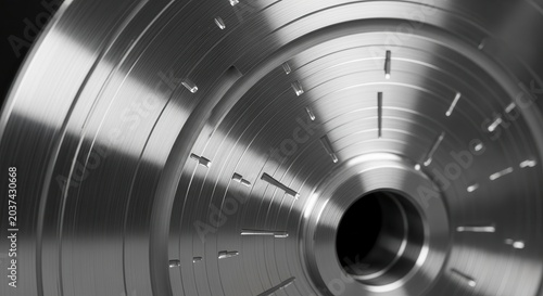 Close-up of a precisely machined metal component with intricate details and reflective surfaces.