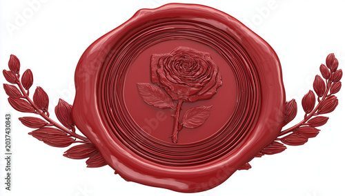a red wax seal with a rose symbol and laurel wreath, clipart on a white background.