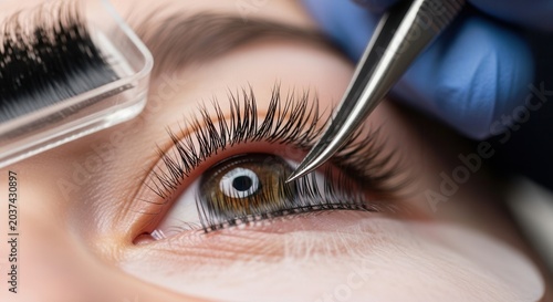 Close-up of a professional applying eyelash extensions with tweezers to a womans eye.