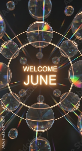Welcome June greeting with champagne bottle and glass.