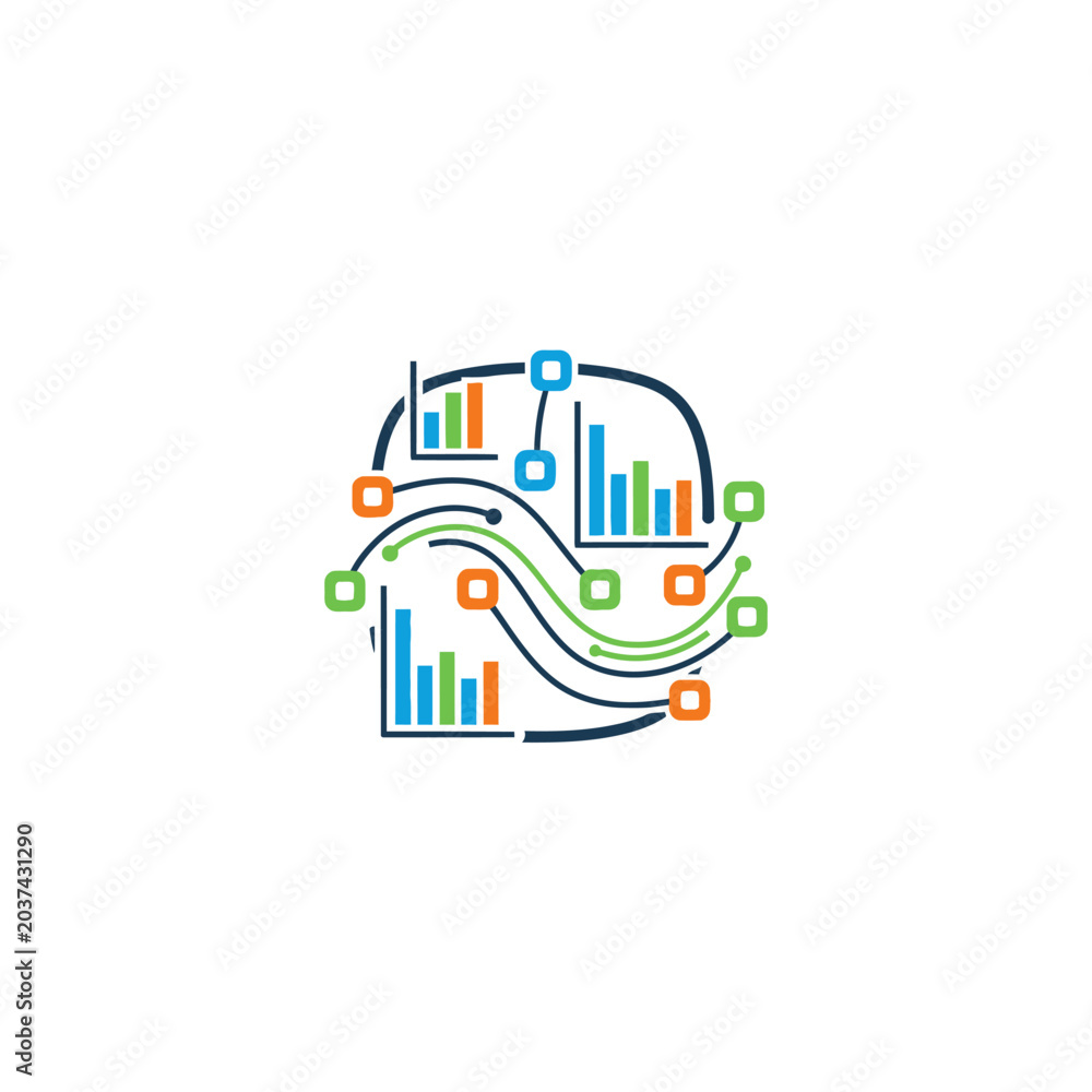 Obraz premium Colorful data analytics icon with bar charts and digital lines