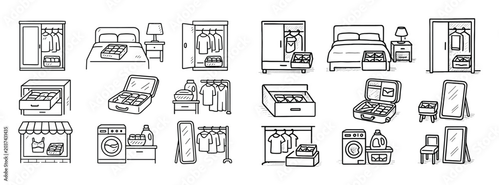 Fototapeta premium Home wardrobe icons with bed closet laundry outline