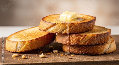 A stack of toasted bread slices with butter and syrup on a wooden cutting board.