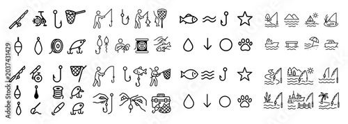 Fishing icons with rod hook net outline