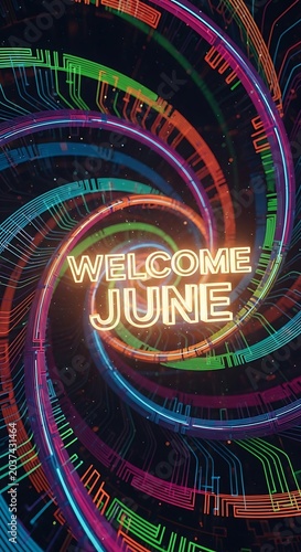 Vibrant neon welcome to June celebration graphic design.