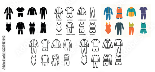 Apparel icons with shirt pants swimsuit outline