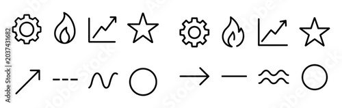 Interface icons with gear flame arrow minimal outline