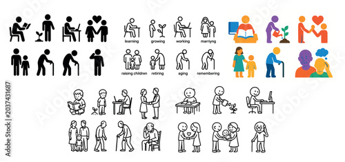 Healthcare icons with family elder caregiver minimal