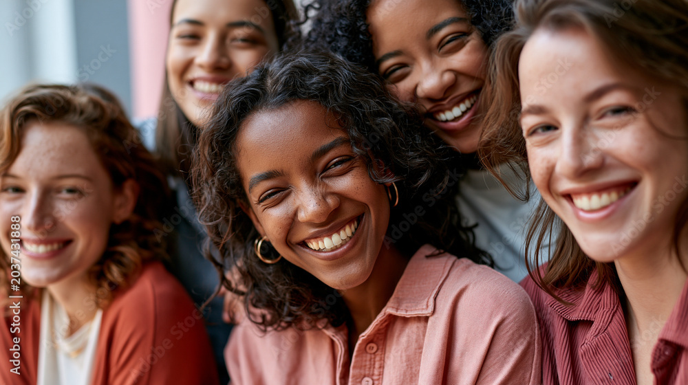 Obraz premium A group of diverse friends with natural skin textures laugh together in a bright studio with color blocked pastel walls soft light minimal makeup natural hairstyles joyful