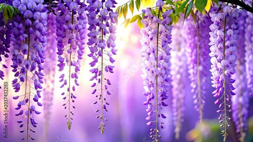 Beautiful Purple Wisteria Flowers Hanging in Bloom.