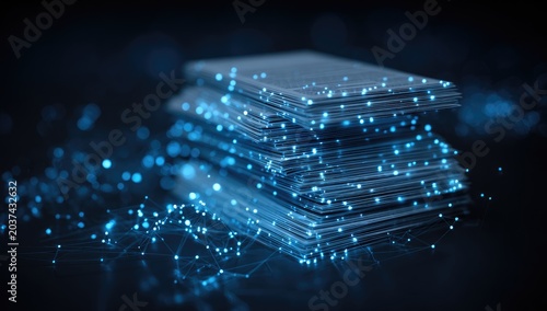 Stack of illuminated cards with network connections and bokeh