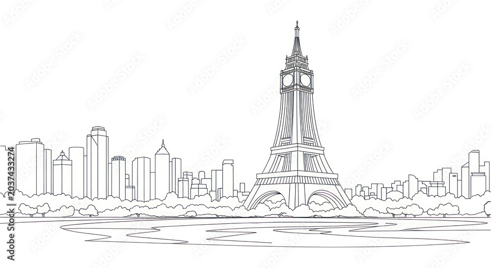 Naklejka premium Minimalist city skyline with iconic tower landmark line art