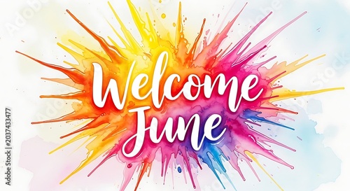 Colorful welcome summer greeting with radiant sunburst design.