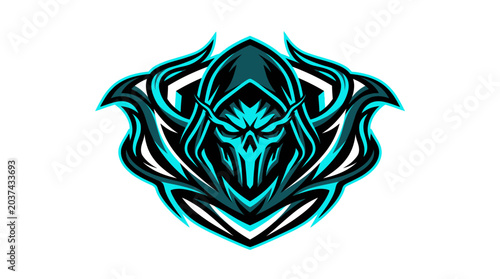 Esports Mascot Grim Reaper with Neon Blue Flames, Gaming Logo