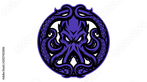 Fierce Purple Octopus Mascot Logo with Tentacles in Circle