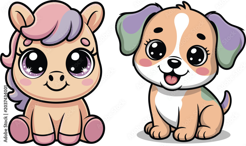 Naklejka premium Cut baby dog and cat are smiling, design, vector, icon
