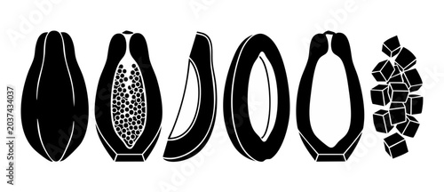 Schilderij op canvas Papaya fruit vector icon silhouette set showing whole, sliced, halved, and diced pawpaw pieces on a white background for minimalist clean organic food graphic design and decorative branding layouts